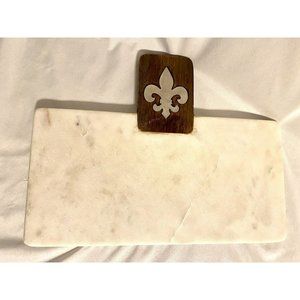 Fleur De Lis White Marble With Wood Handle Cutting Board 12 In x 6 In Heavy
